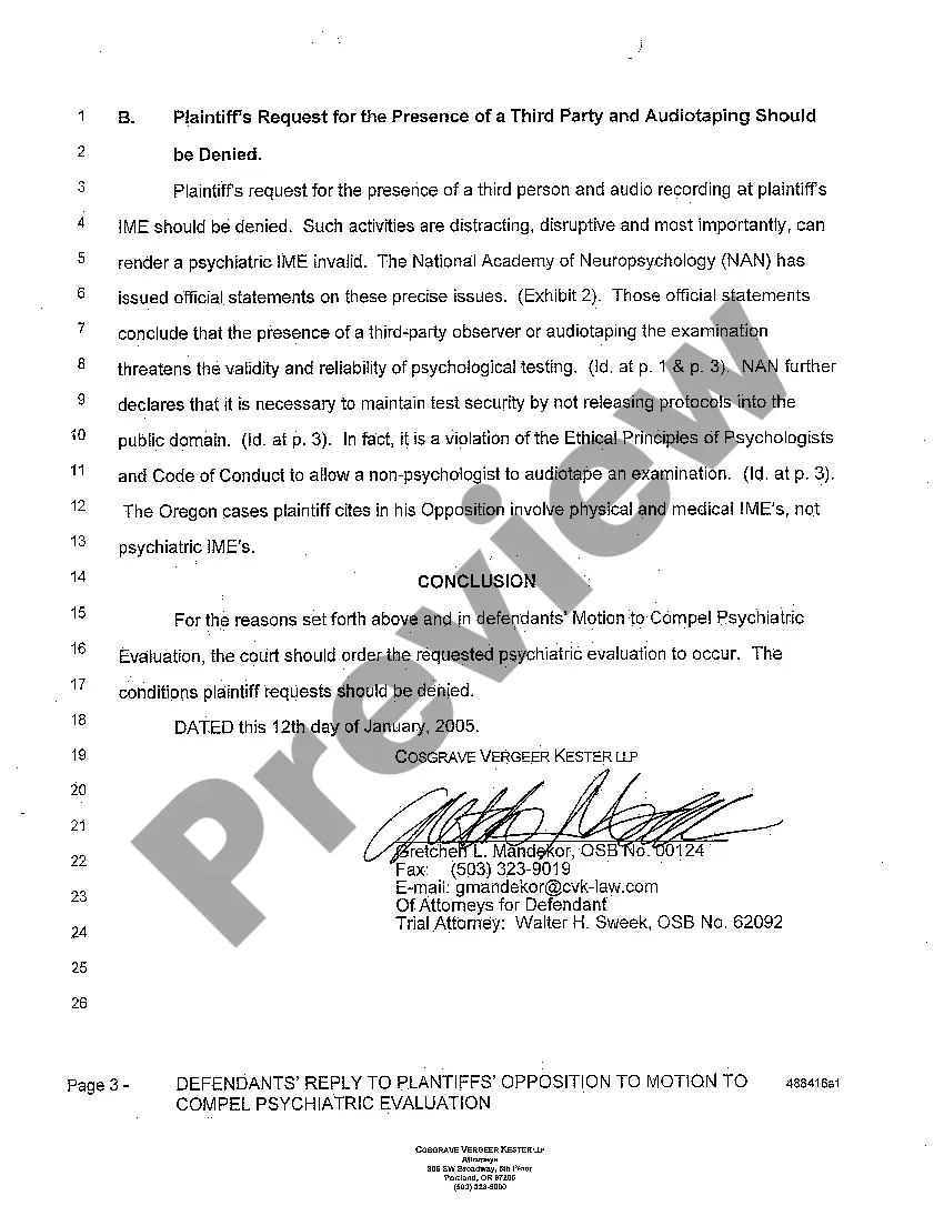 Get A13 Defendants' Reply to Plaintiffs' Opposition to Motion to Compel Psychiatric Evaluation Preview A13 Defendants' Reply to Plaintiffs' Opposition to Motion to Compel Psychiatric Evaluation