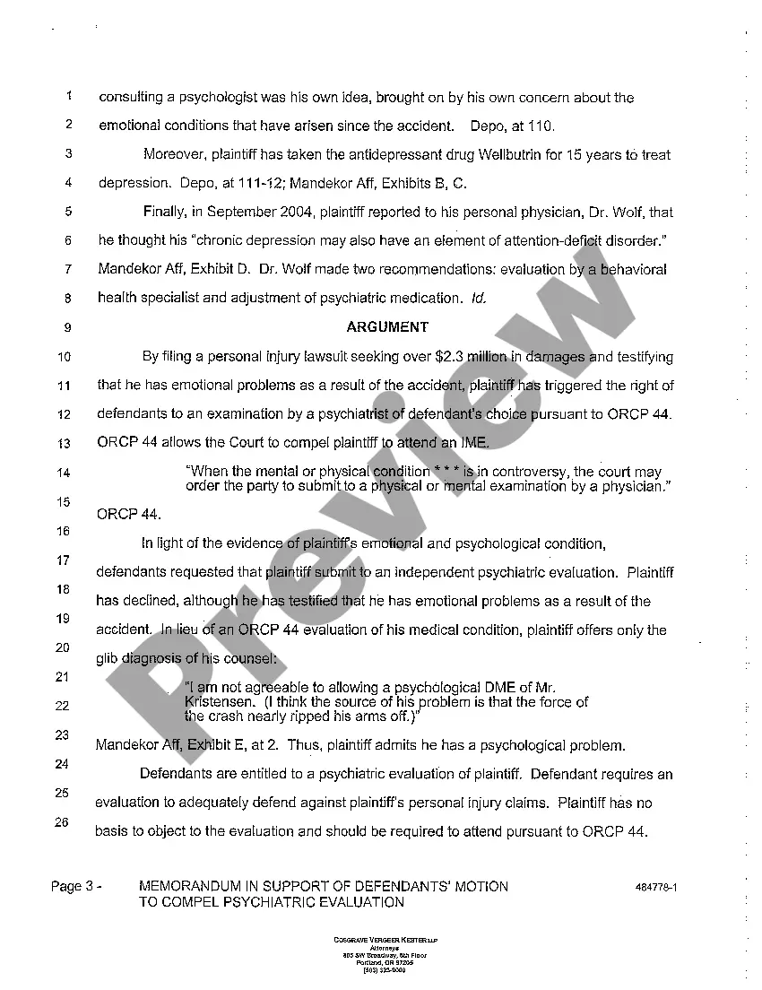 Preview A10 Memorandum in Support of Defendants' Motion to Compel Psychiatric Evaluation
