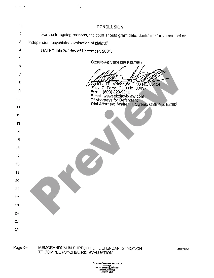 Preview A10 Memorandum in Support of Defendants' Motion to Compel Psychiatric Evaluation