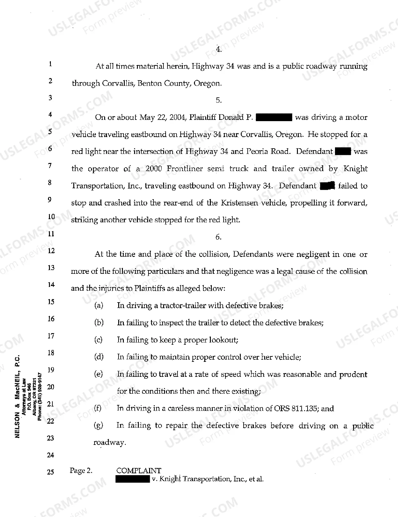 Preview A01 Complaint for Personal Injury Due to Negligent Maintenance of Motor Vehicle
