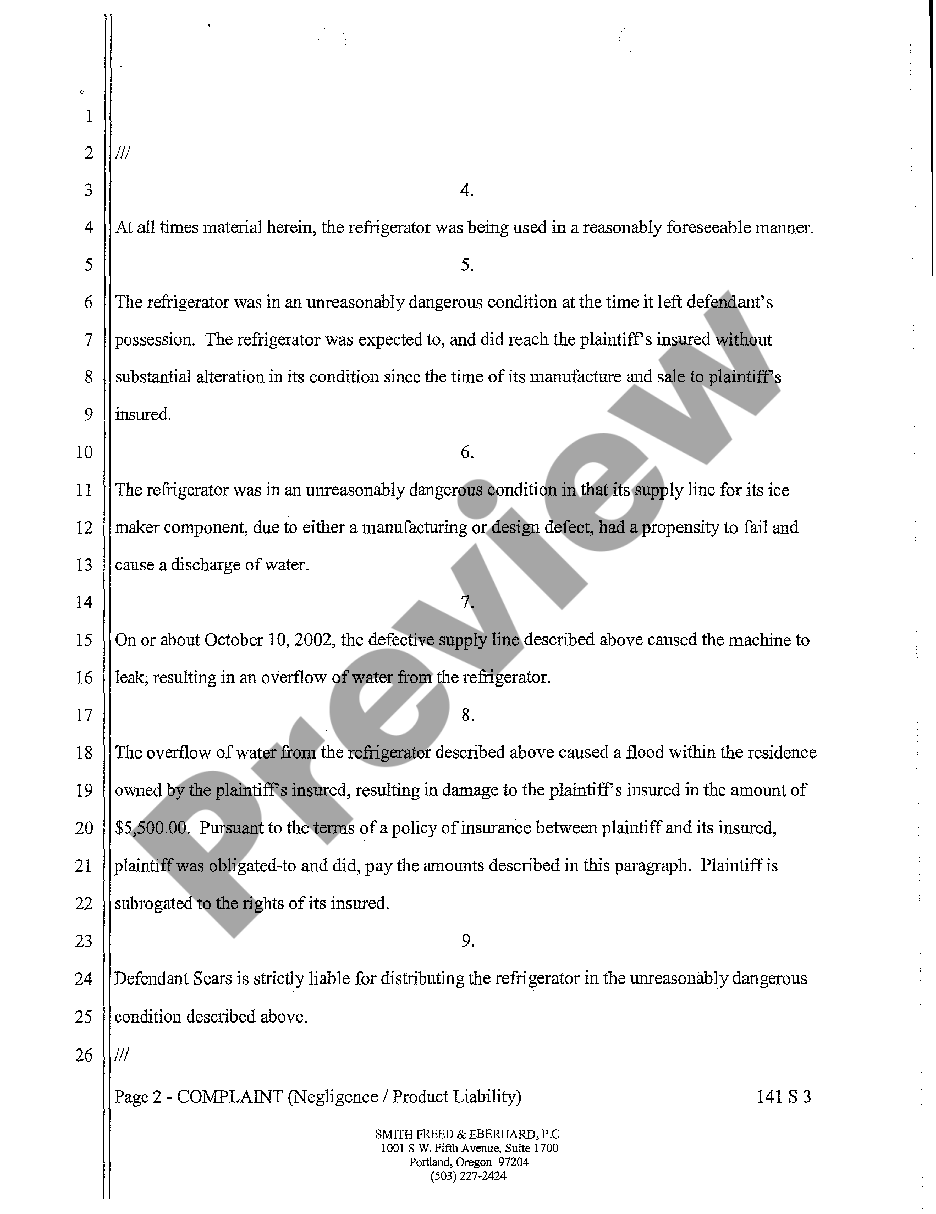 page 1 A01 Complaint for Strict Products Liability and Negligence in Distributing Unreasonably Dangerous Appliance preview