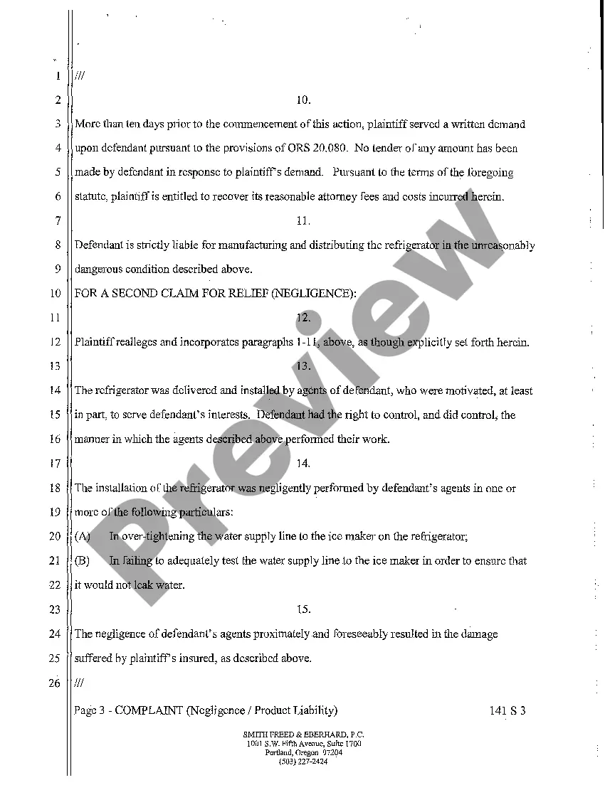 Preview A01 Complaint for Strict Products Liability and Negligence in Distributing Unreasonably Dangerous Appliance