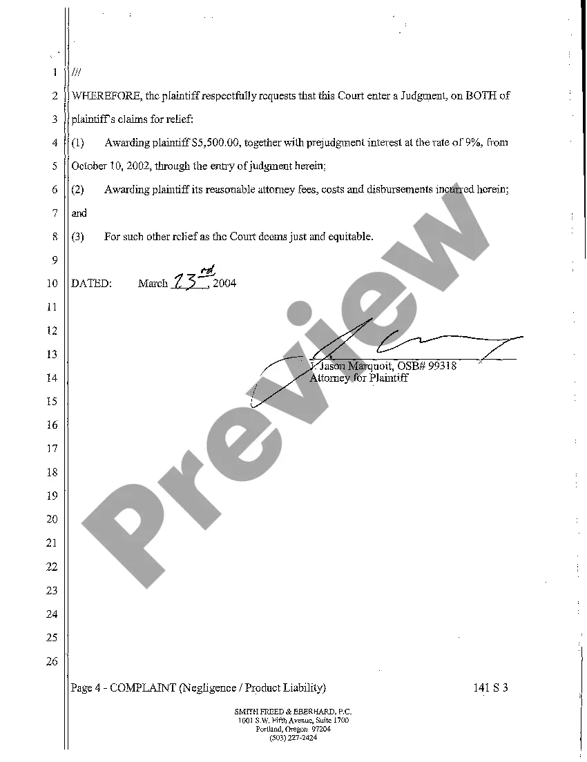 Preview A01 Complaint for Strict Products Liability and Negligence in Distributing Unreasonably Dangerous Appliance
