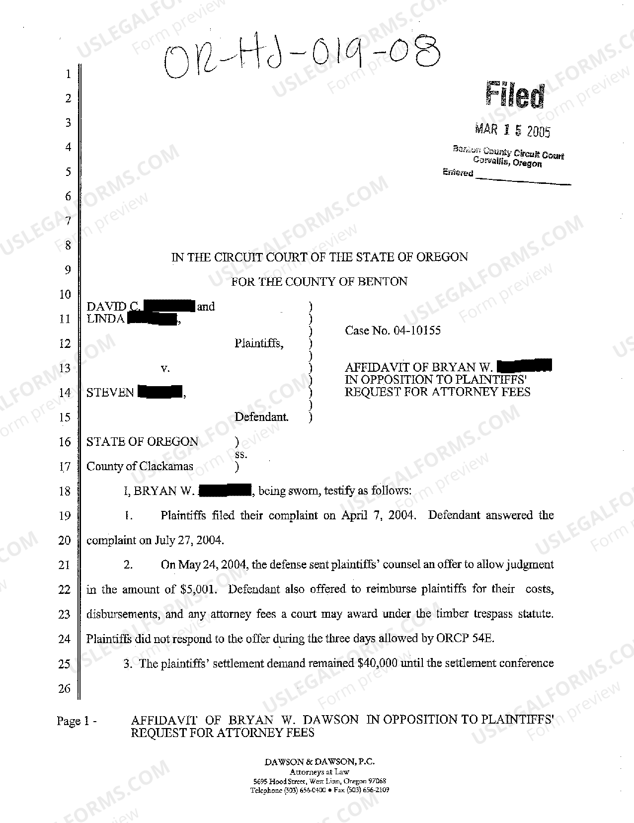 Portland Oregon Affidavit of Defendant's Attorney in Opposition to