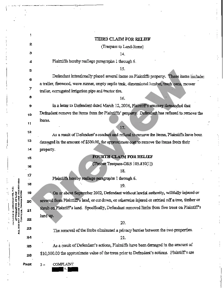 Preview A03 Complaint for Trespass to Land, Timber Trespass, and Suit for Injunction