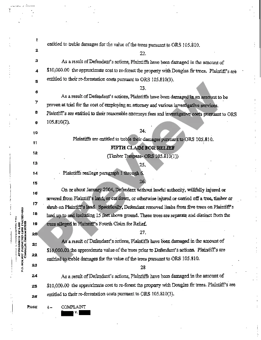 Preview A03 Complaint for Trespass to Land, Timber Trespass, and Suit for Injunction