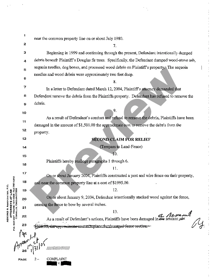 Preview A01 Complaint for Trespass to Land, Timber Trespass, and Suit for Injunction