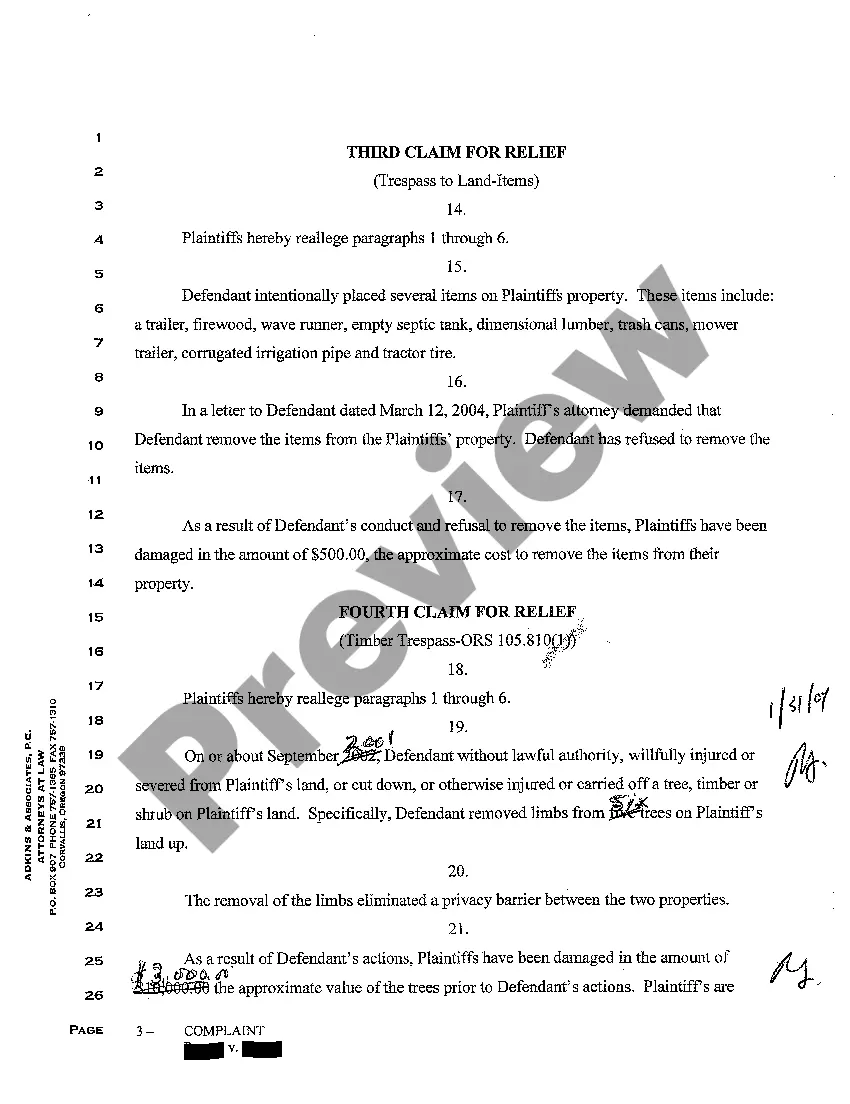 Preview A01 Complaint for Trespass to Land, Timber Trespass, and Suit for Injunction