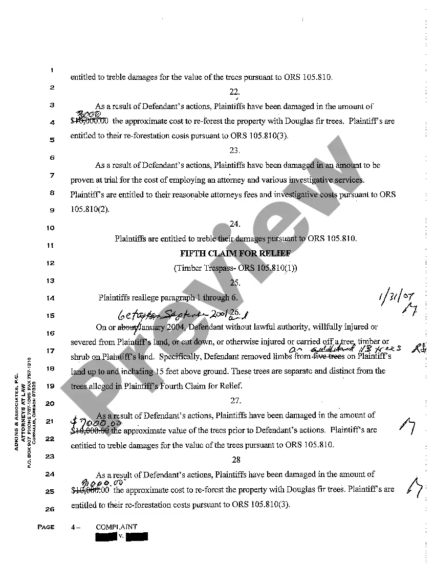 Preview A01 Complaint for Trespass to Land, Timber Trespass, and Suit for Injunction