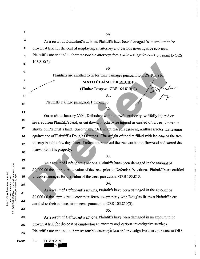 Preview A01 Complaint for Trespass to Land, Timber Trespass, and Suit for Injunction