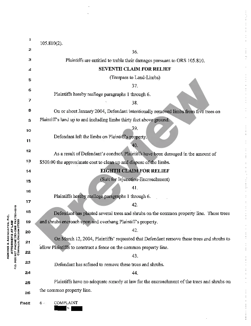 Preview A01 Complaint for Trespass to Land, Timber Trespass, and Suit for Injunction