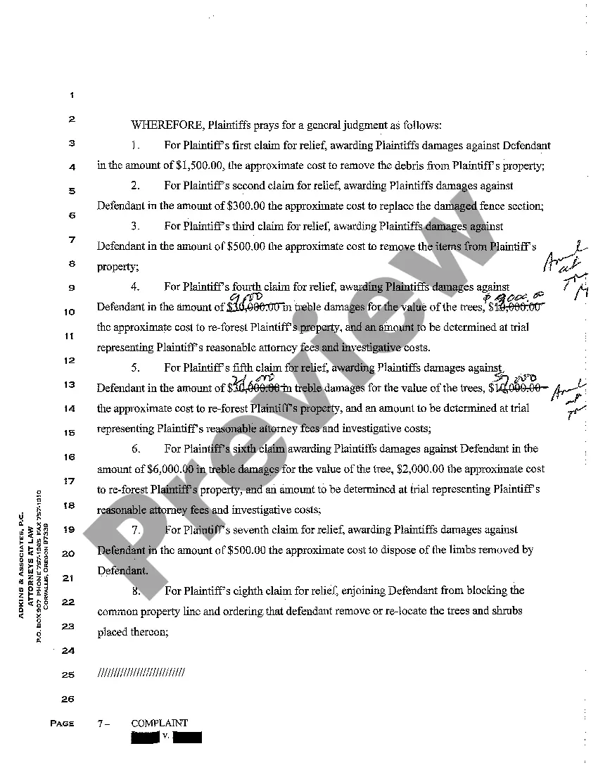 Preview A01 Complaint for Trespass to Land, Timber Trespass, and Suit for Injunction