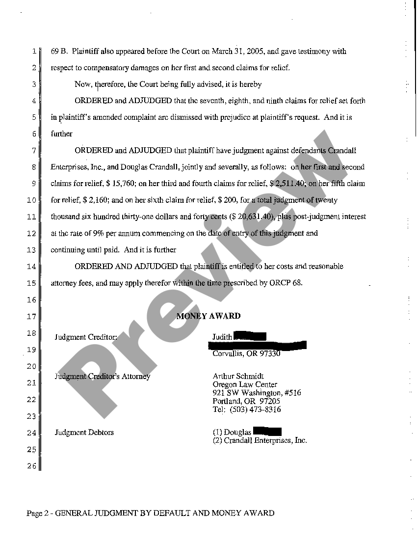 Portland Oregon General Judgment by Default and Money Award Against