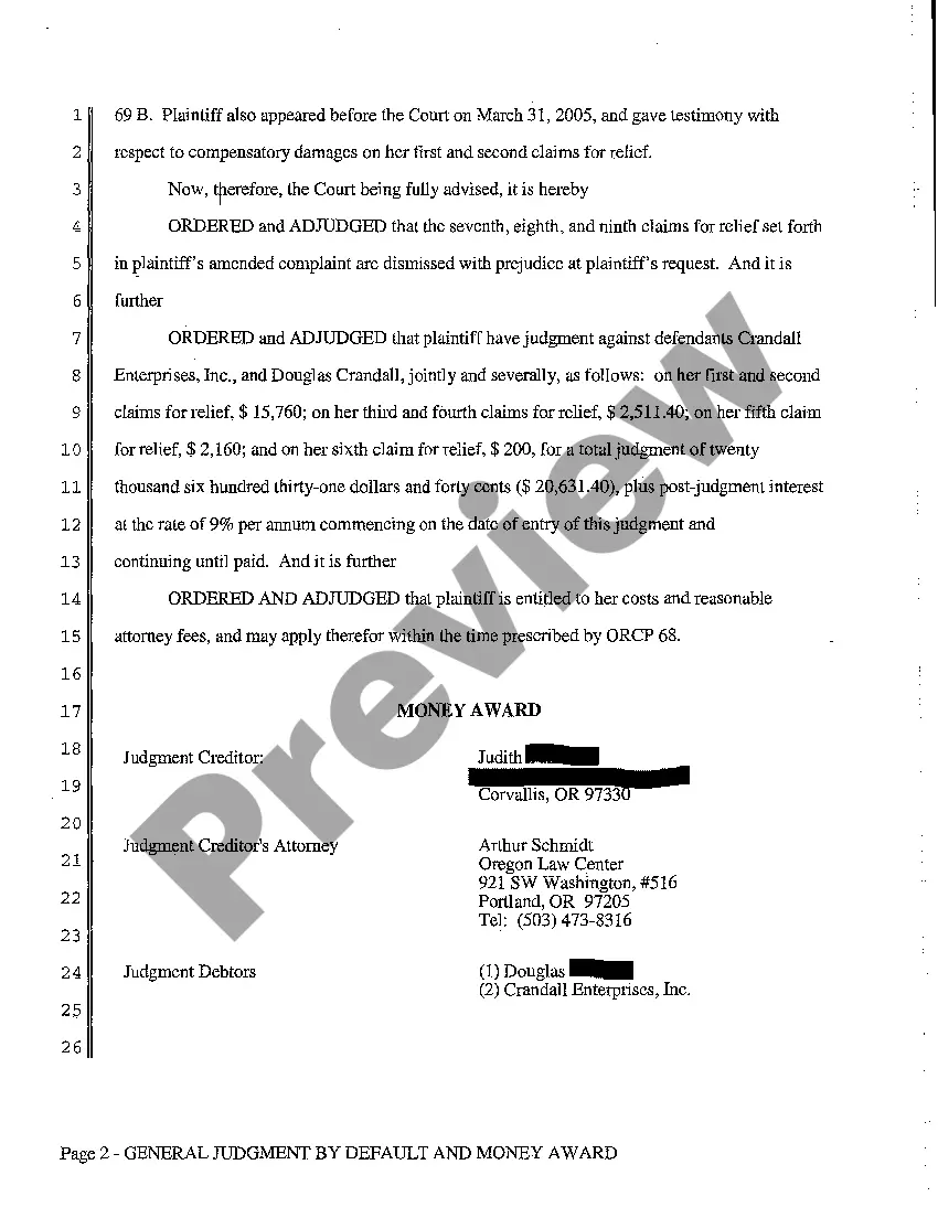 Preview A12 General Judgment by Default and Money Award Against Defendant