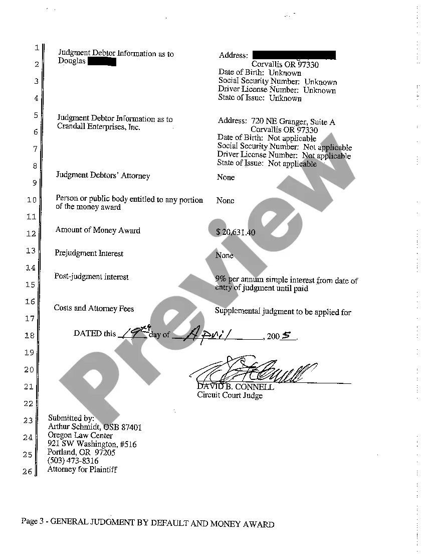 Preview A12 General Judgment by Default and Money Award Against Defendant