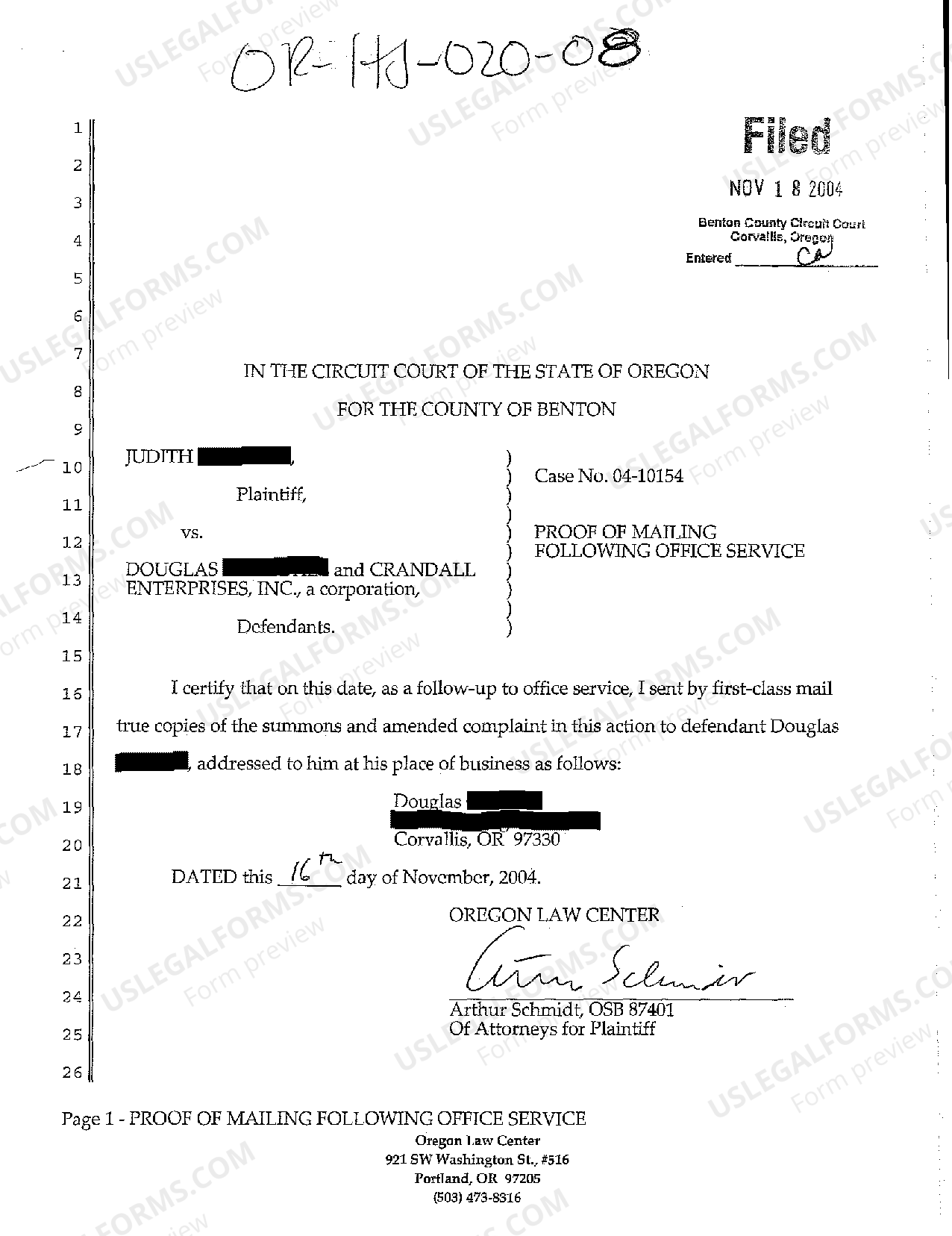 Portland Oregon Proof of Mailing of Summons Following office Service