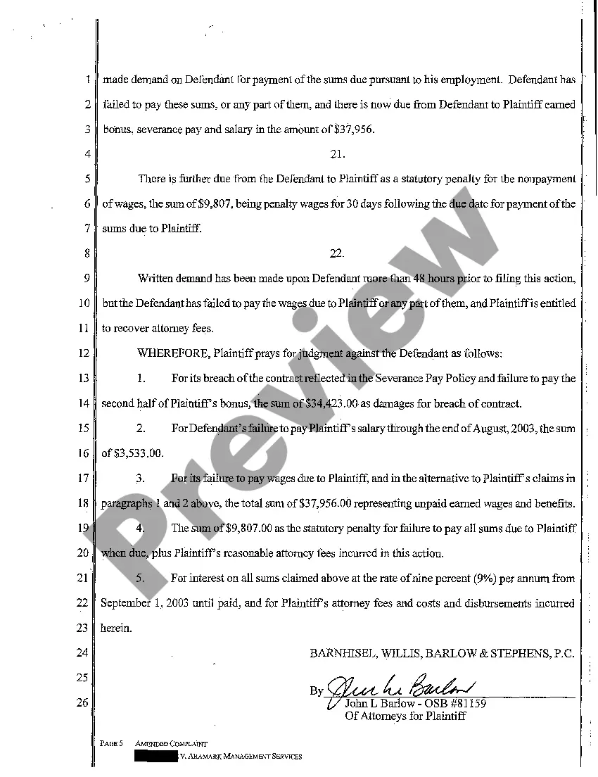 Preview A04 Amended Complaint for Wages and Breach of Employment Contract