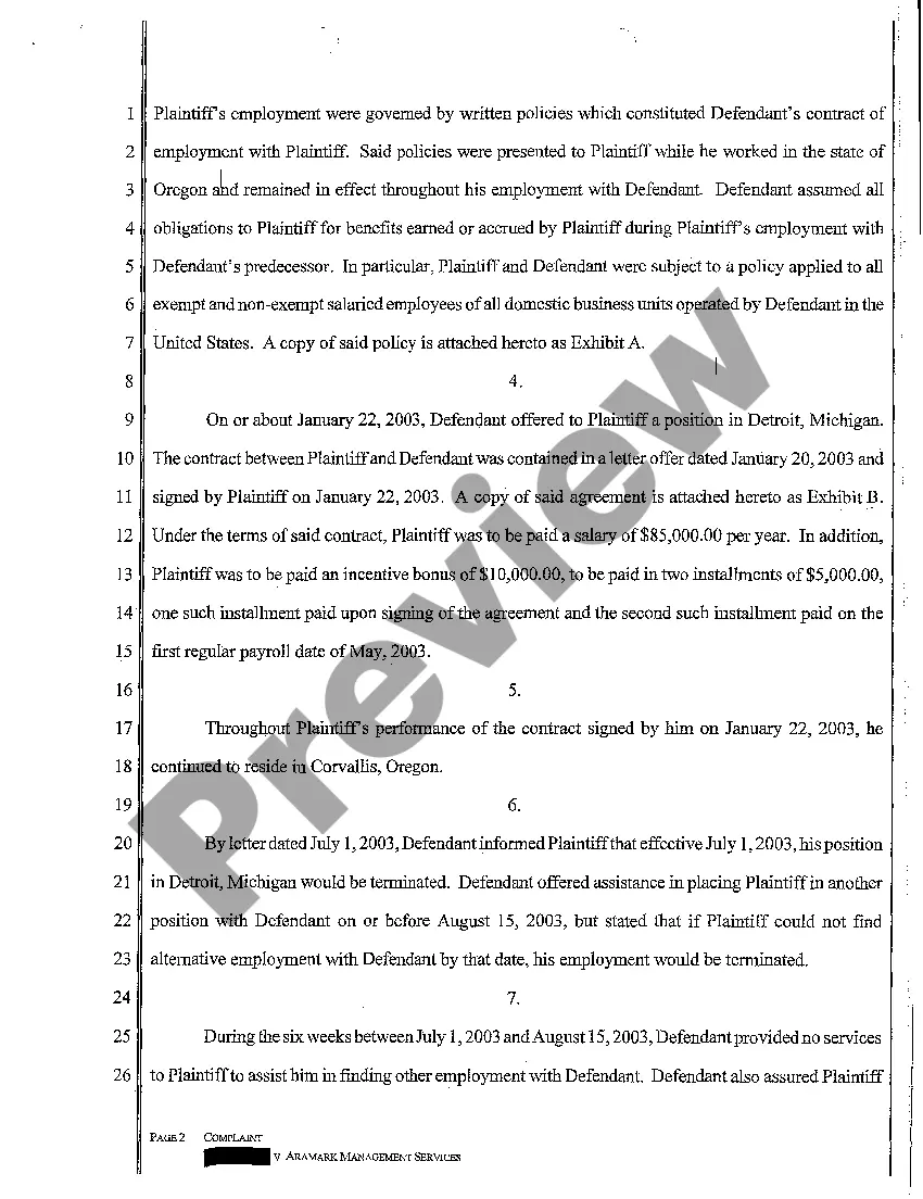 Preview A01 Complaint for Wages and Breach of Employment Contract Contract