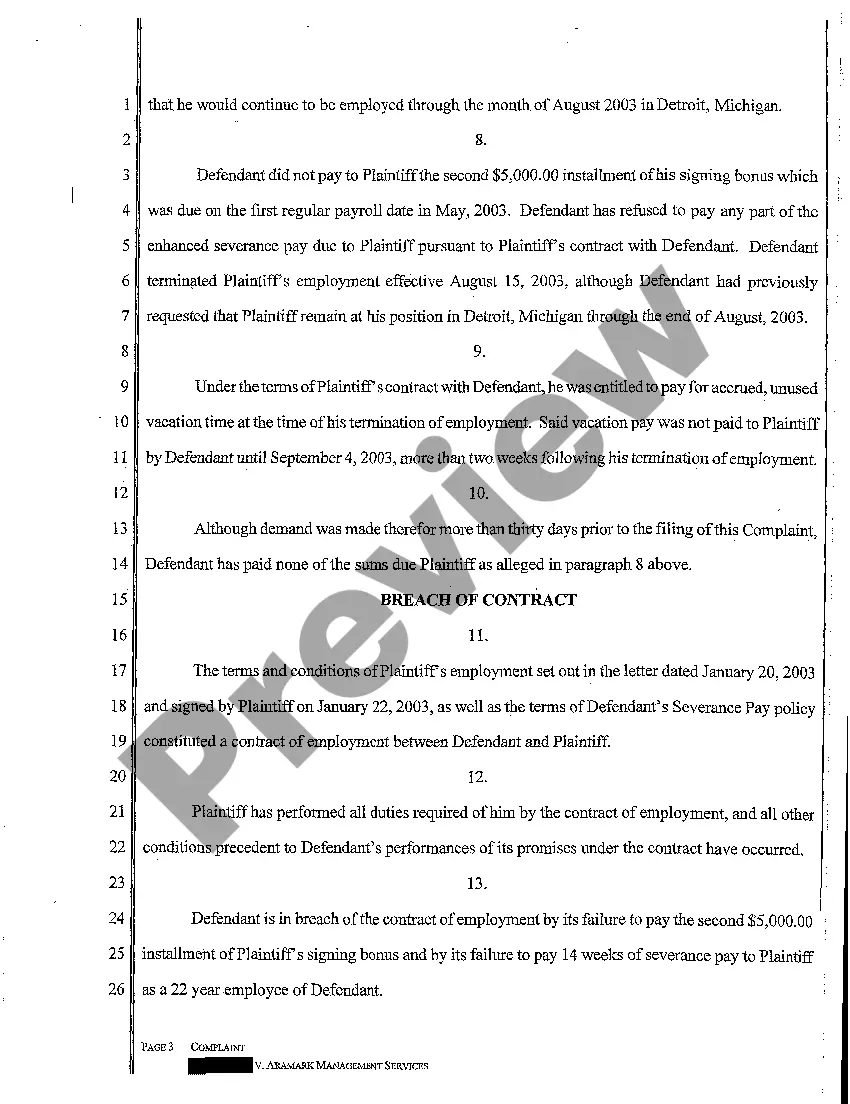 Preview A01 Complaint for Wages and Breach of Employment Contract Contract