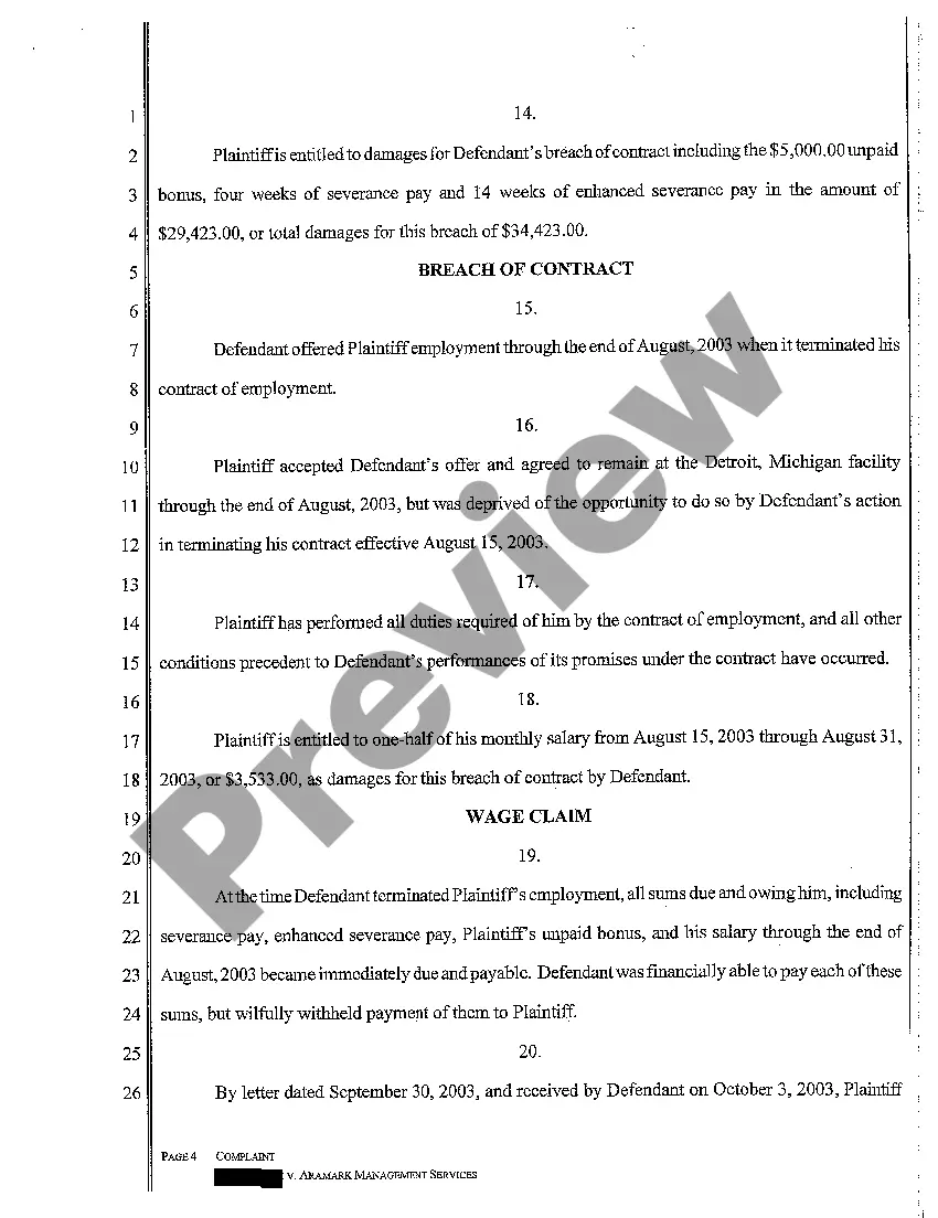 Preview A01 Complaint for Wages and Breach of Employment Contract Contract