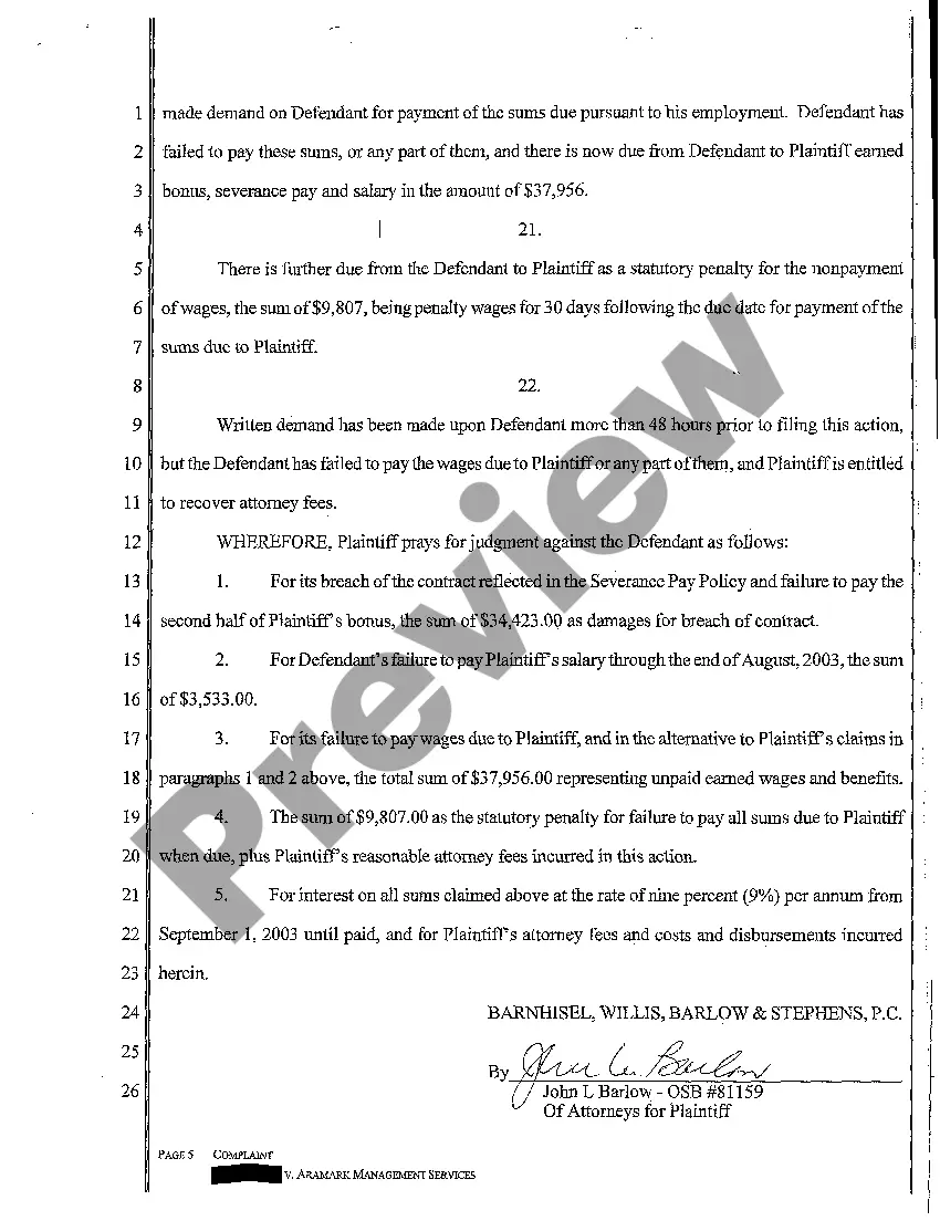 Preview A01 Complaint for Wages and Breach of Employment Contract Contract