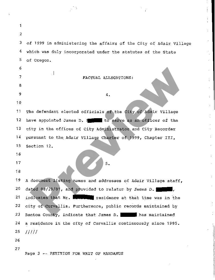 Preview A01 Petition for Writ of Mandamus Because of Violation of City to Appoint a Nonresident as a Public official