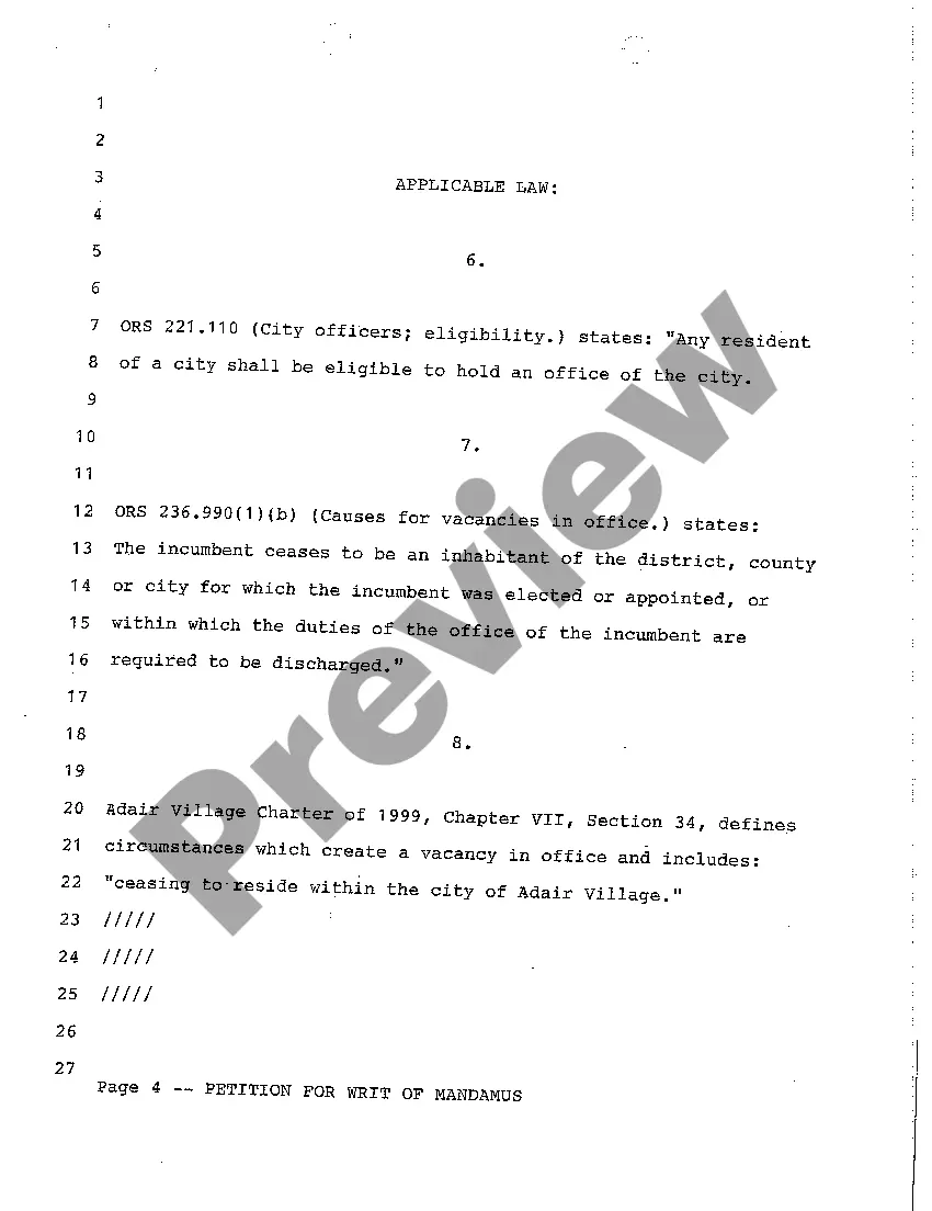 Preview A01 Petition for Writ of Mandamus Because of Violation of City to Appoint a Nonresident as a Public official