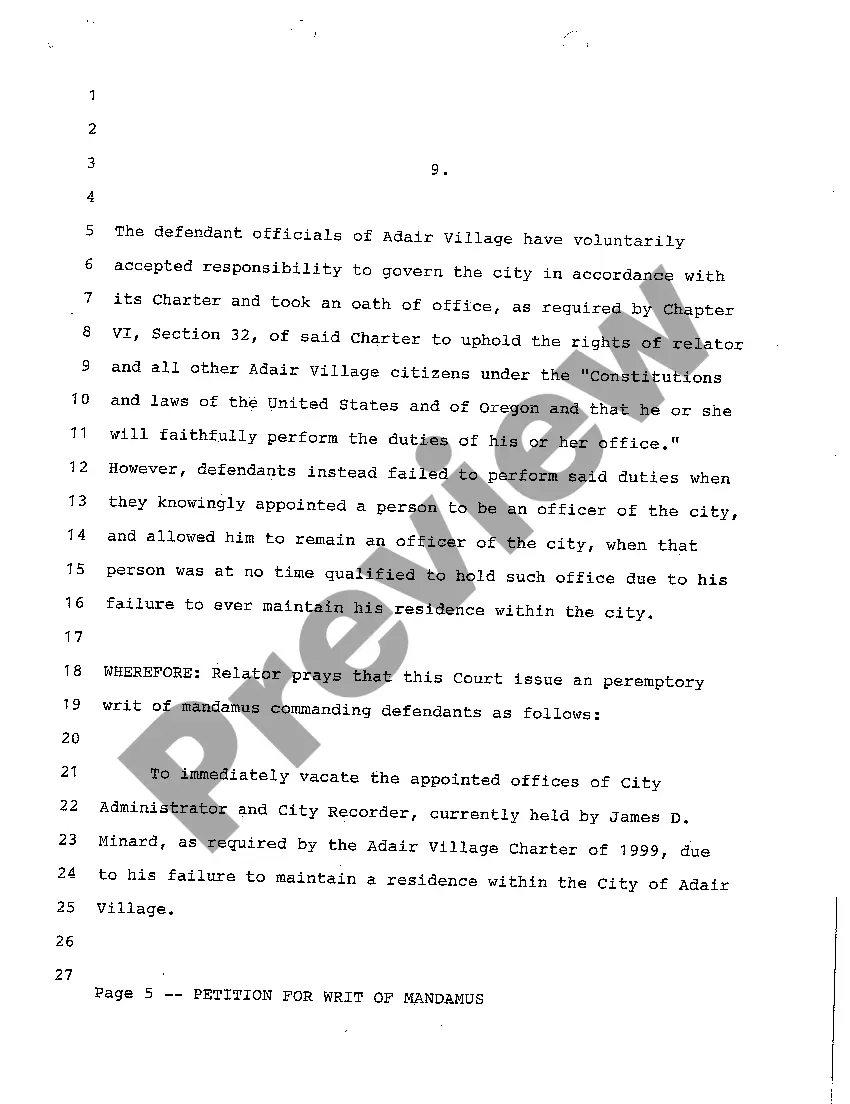 Preview A01 Petition for Writ of Mandamus Because of Violation of City to Appoint a Nonresident as a Public official