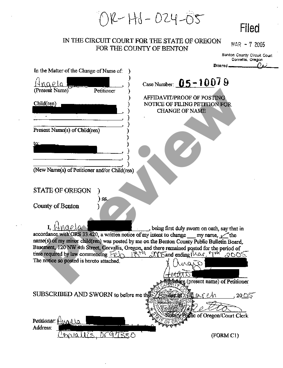 Portland Oregon Affidavit Proof of Posting Notice of Filing Petition ...