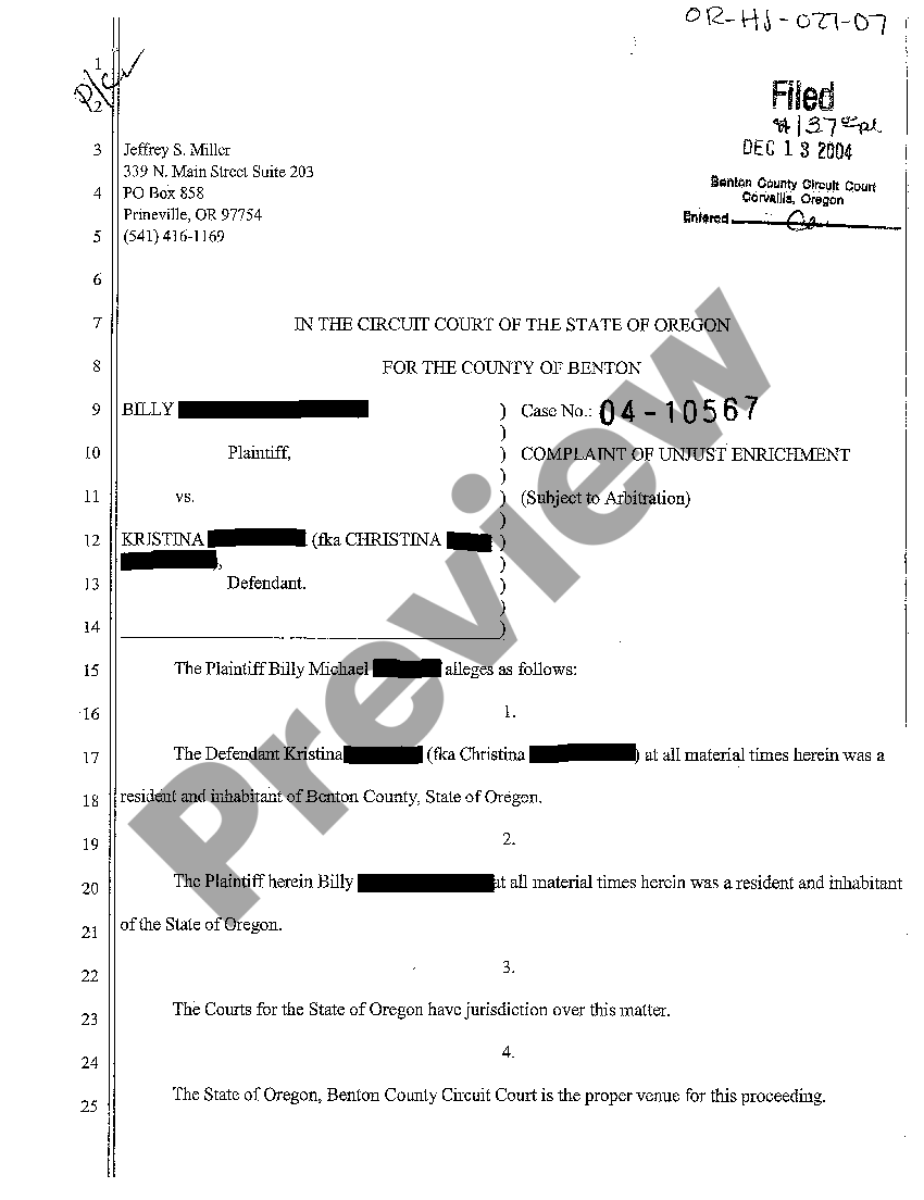 Complaint For Unjust Enrichment With A Contract US Legal Forms