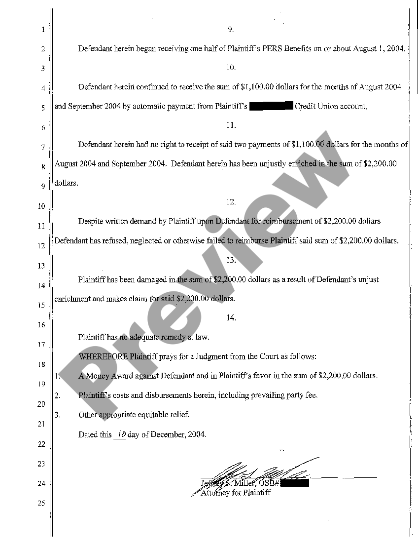 Complaint For Unjust Enrichment With A Contract US Legal Forms