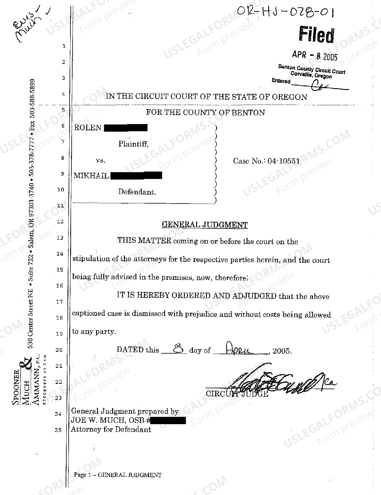 Bend Oregon General Judgment of Dismissal Due to Settlement US Legal