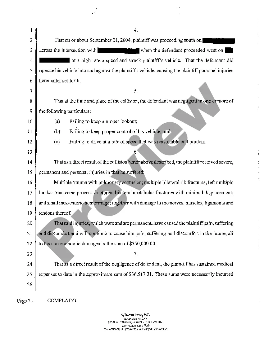 Preview A01 Complaint for Personal Injury Due to Negligent Maintenance of Motor Vehicle