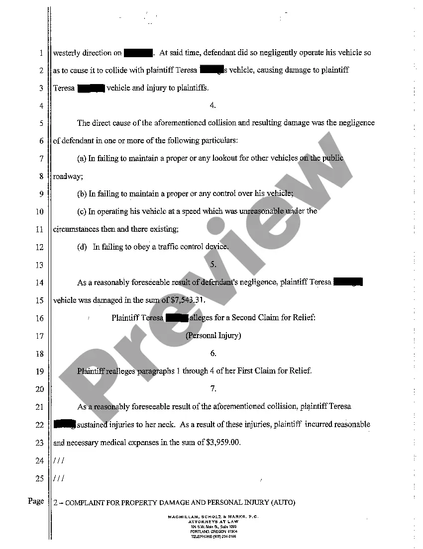 Get A01 Complaint for Property Damage and Personal Injury from Automobile Accident Preview A01 Complaint for Property Damage and Personal Injury from Automobile Accident