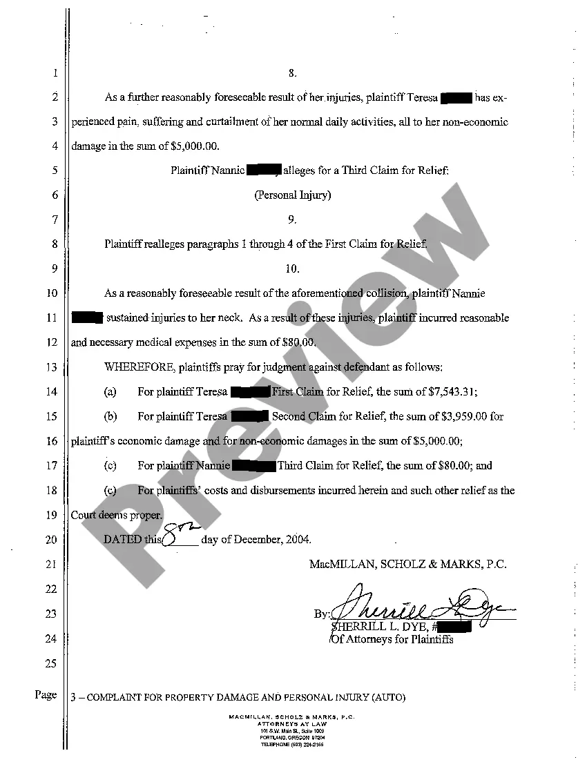 Get A01 Complaint for Property Damage and Personal Injury from Automobile Accident Preview A01 Complaint for Property Damage and Personal Injury from Automobile Accident