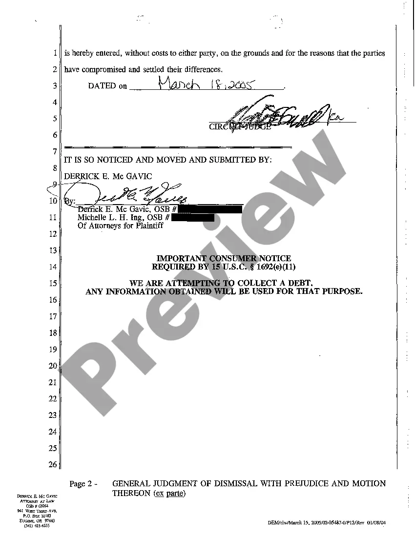 Preview A06 General Judgment of Dismissal with Prejudice and Motion Thereon Ex Parte