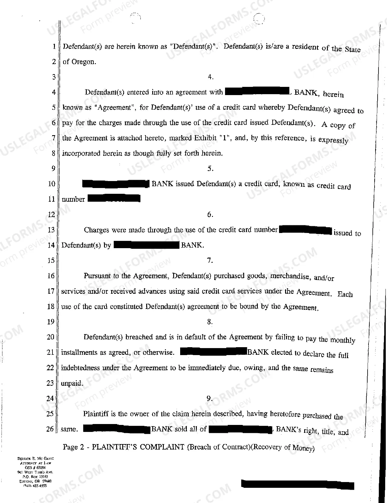 Preview A02 Complaint for Breach of Credit Card Agreement and Recovery of Money