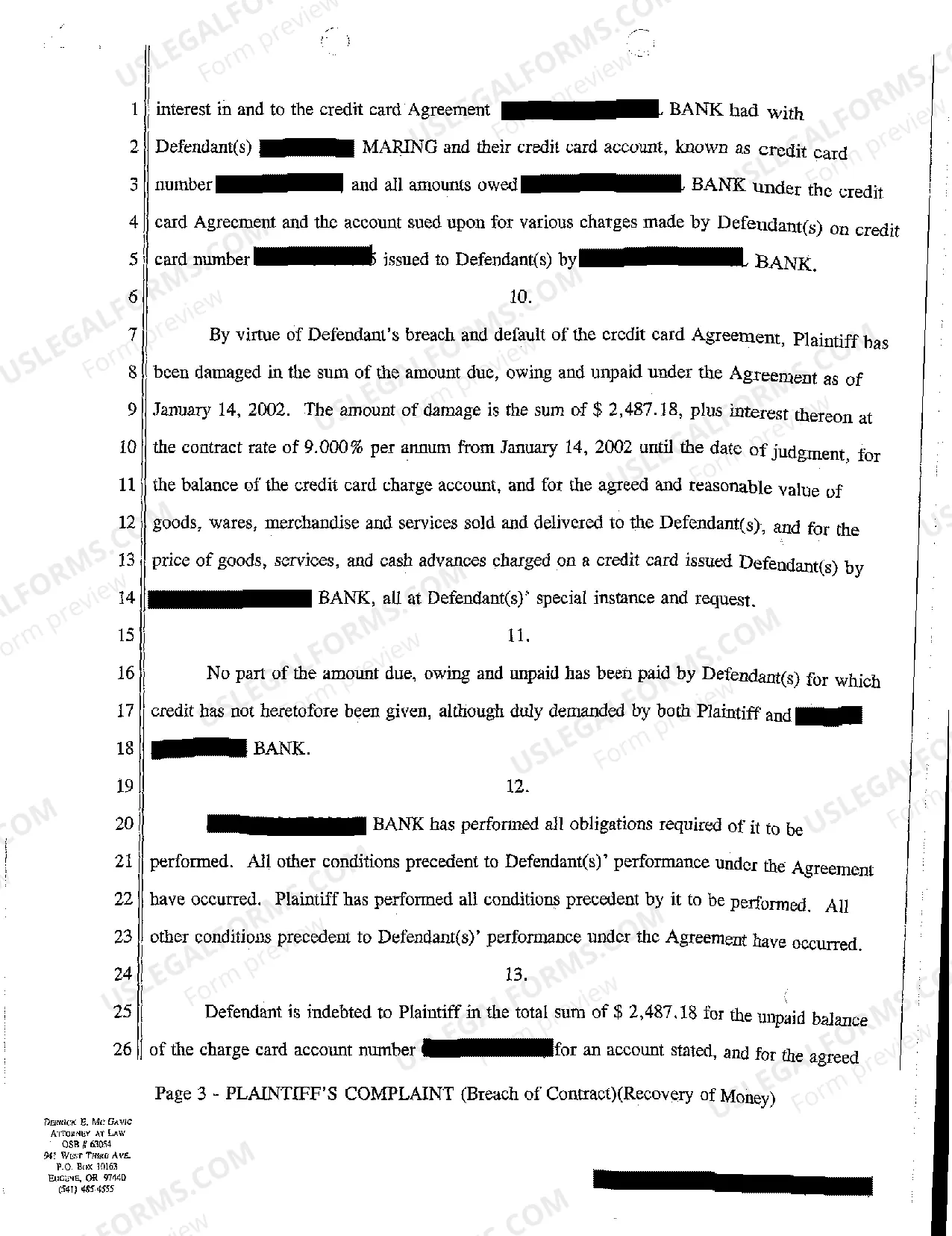 Preview A02 Complaint for Breach of Credit Card Agreement and Recovery of Money