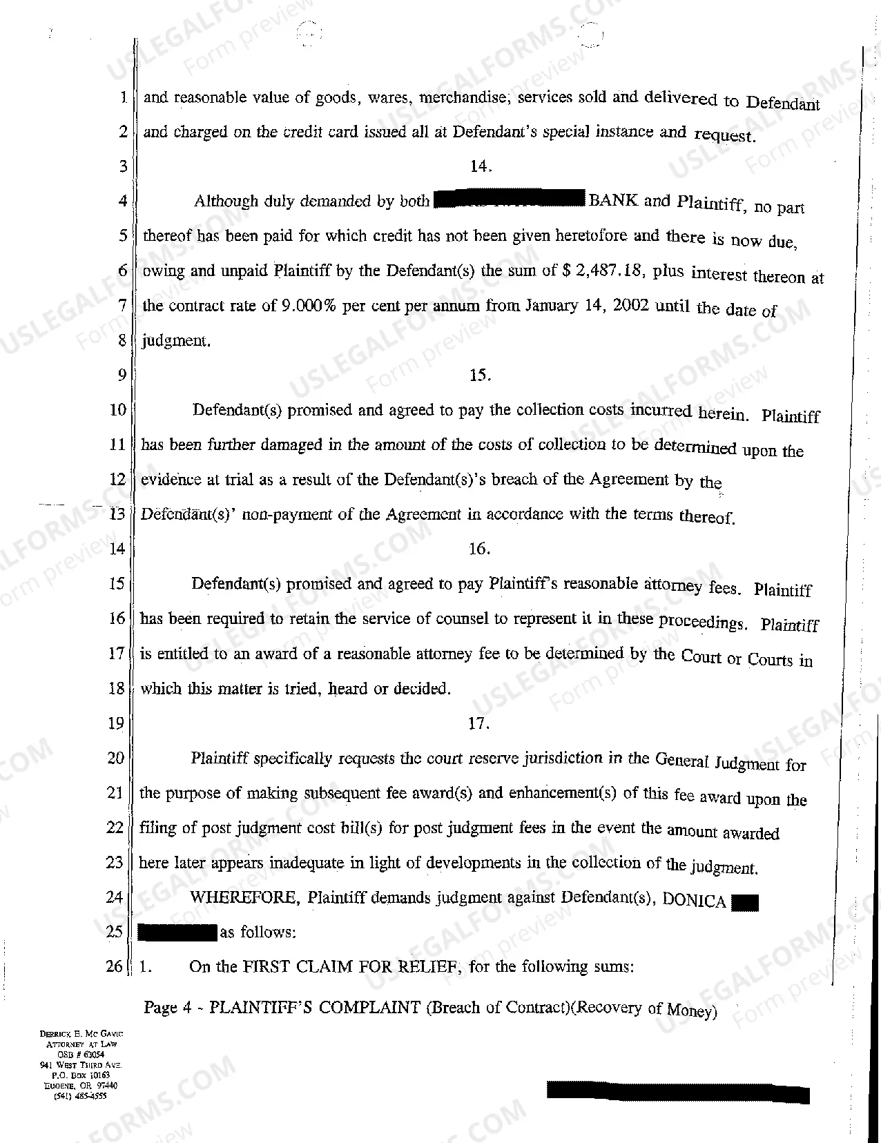 Preview A02 Complaint for Breach of Credit Card Agreement and Recovery of Money