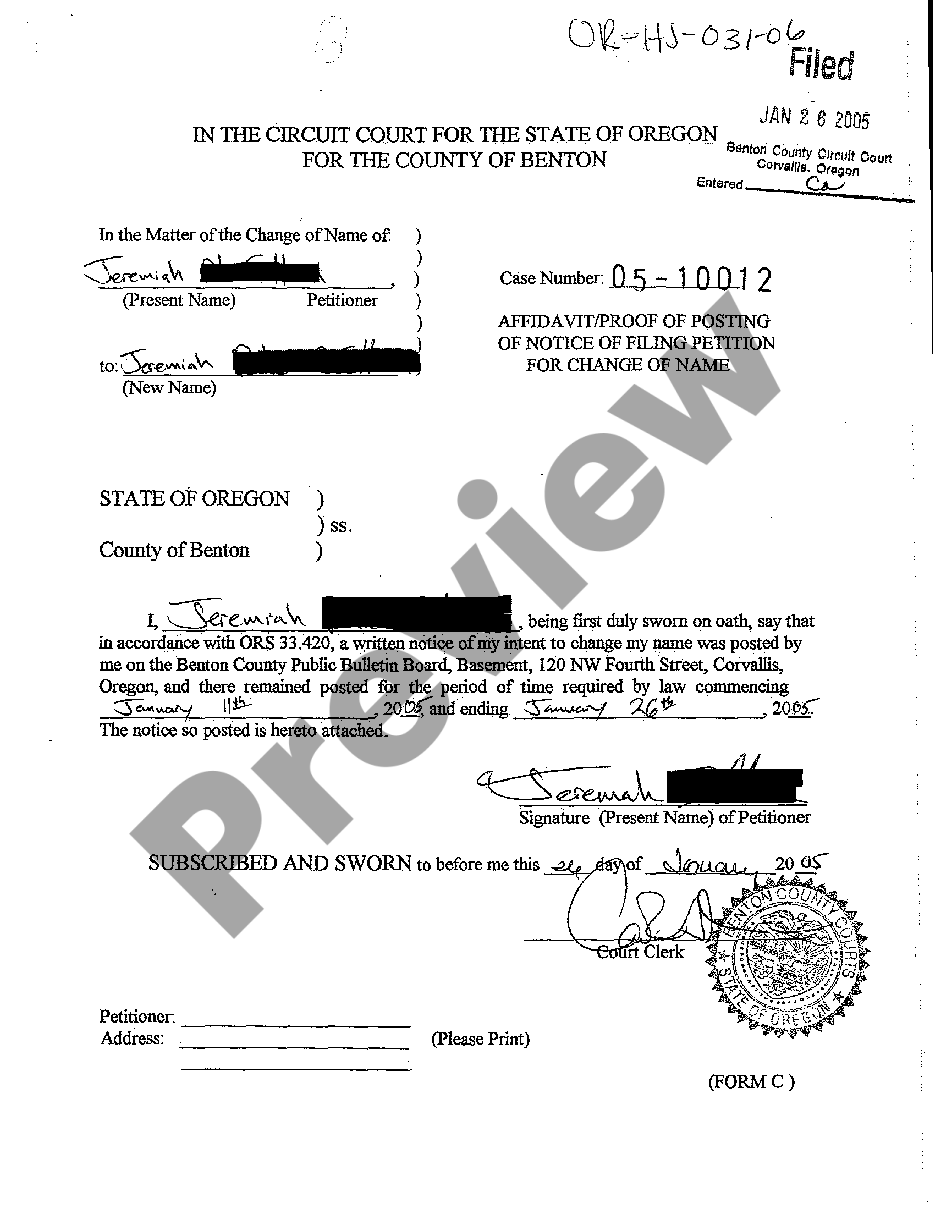 Bend Oregon Affidavit Proof of Posting of Notice of Filing Petition for ...