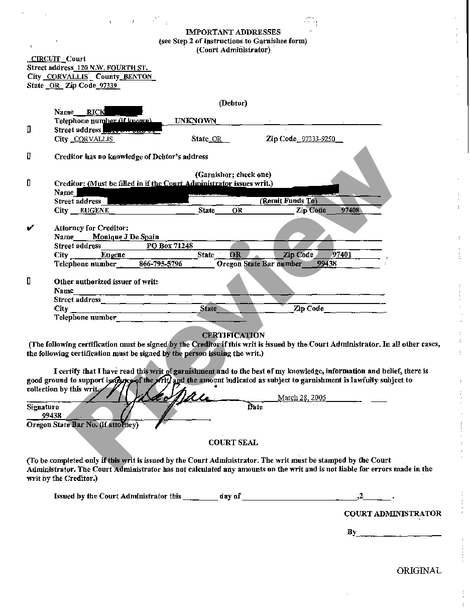 Writ Of Garnishment Oregon Form | US Legal Forms