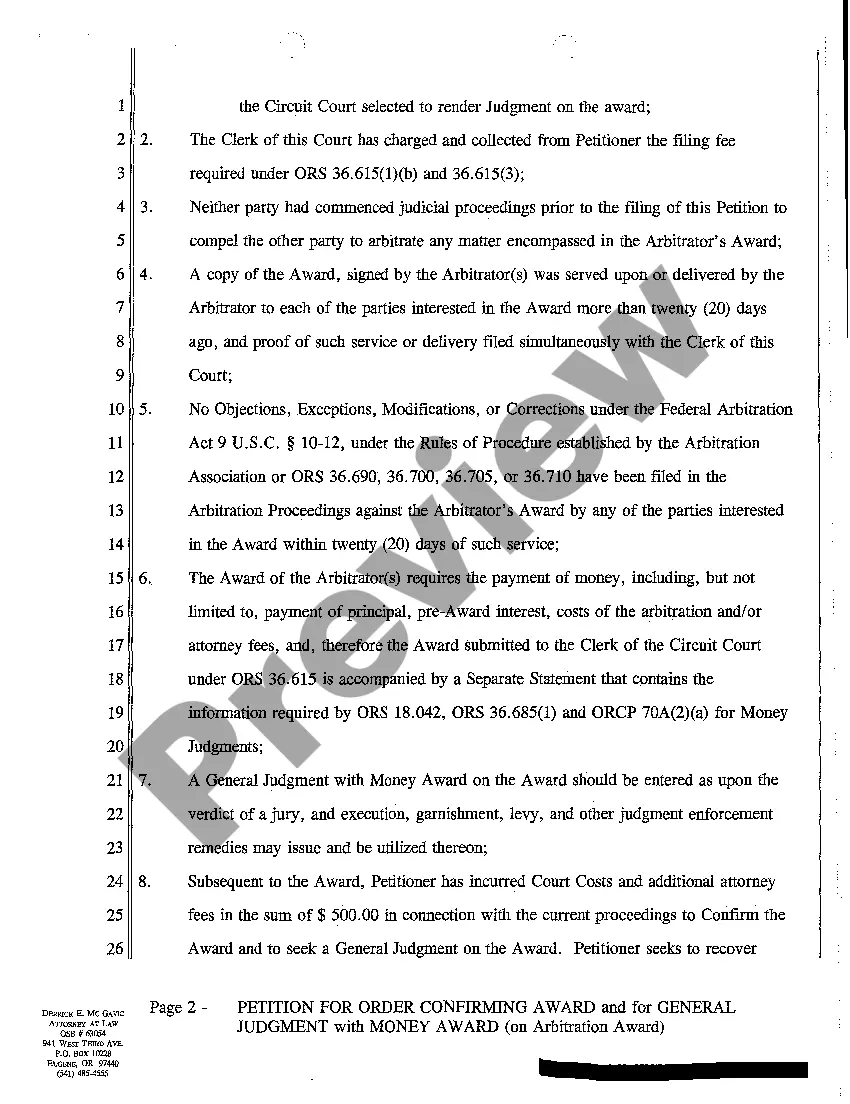 Get A01 Petition for Order Confirming Award for General Judgment Preview A01 Petition for Order Confirming Award for General Judgment