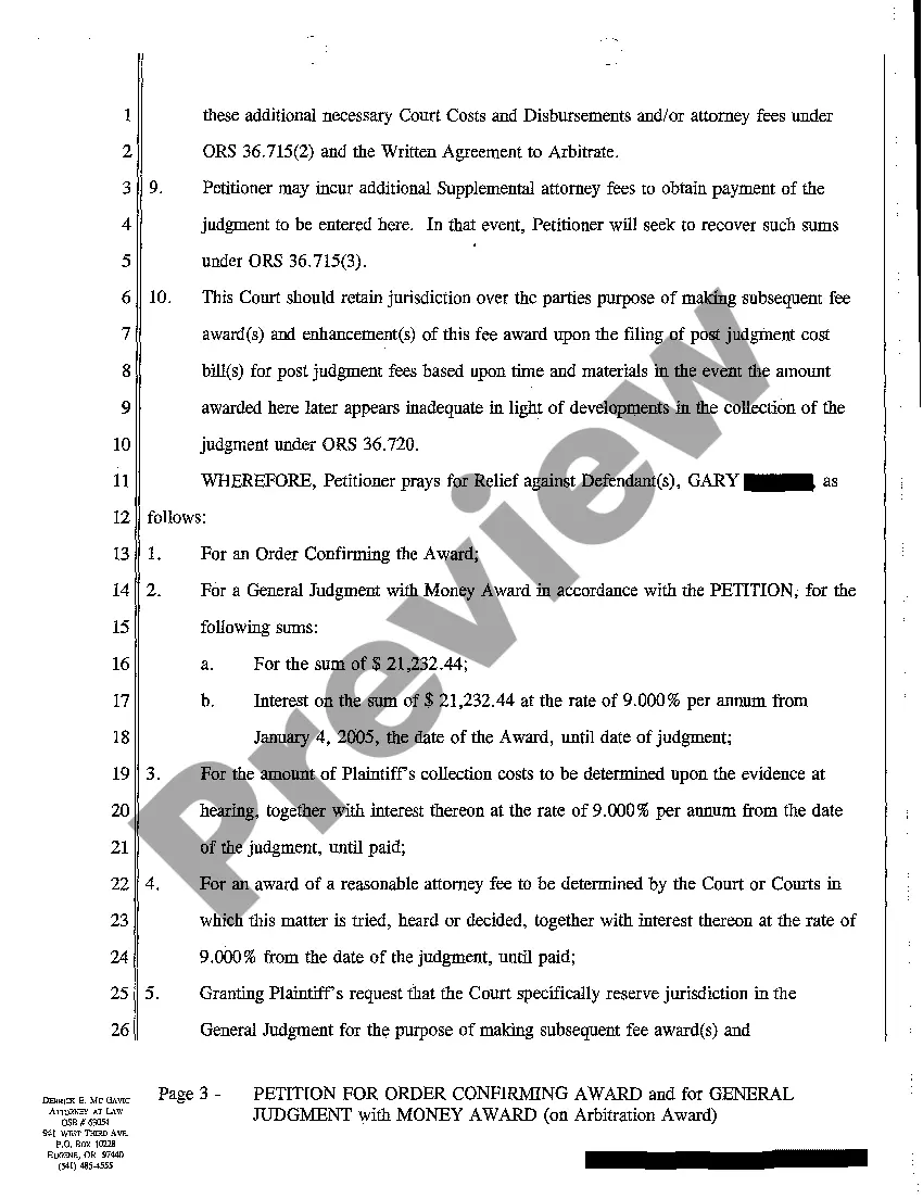 Get A01 Petition for Order Confirming Award for General Judgment Preview A01 Petition for Order Confirming Award for General Judgment