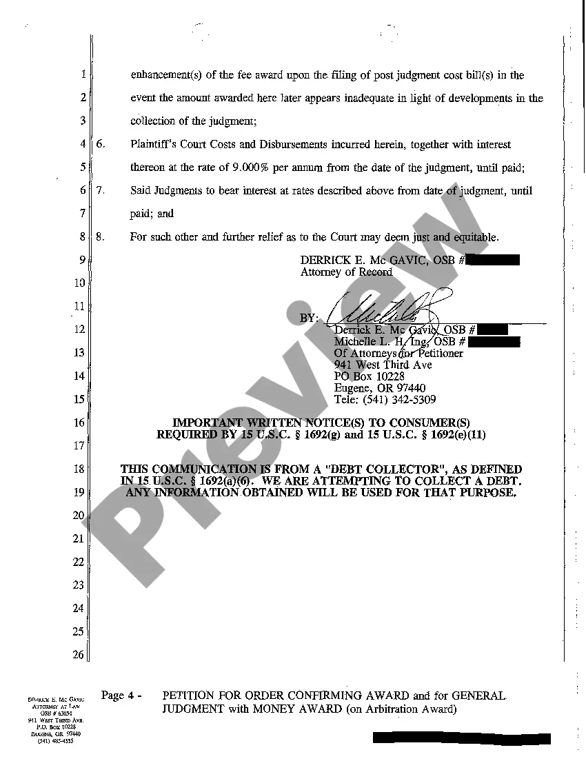 Get A01 Petition for Order Confirming Award for General Judgment Preview A01 Petition for Order Confirming Award for General Judgment