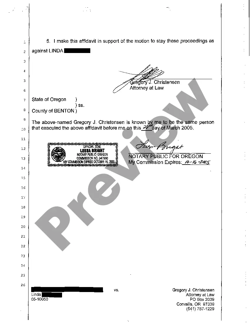 Preview A02 Affidavit in Support of Motion to Stay Proceedings Due to Filing of Chapter 7 Bankruptcy Petition