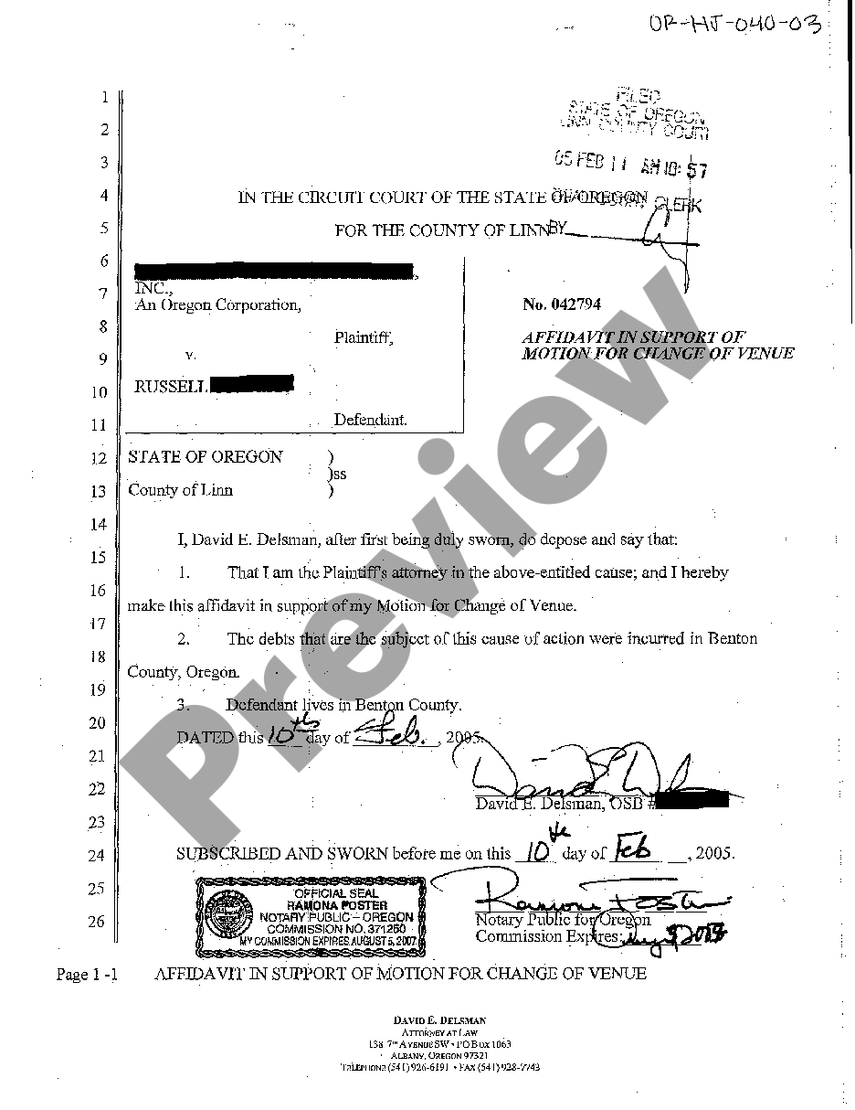 Oregon Affidavit In Support Of Motion For Change Of Venue | US Legal Forms