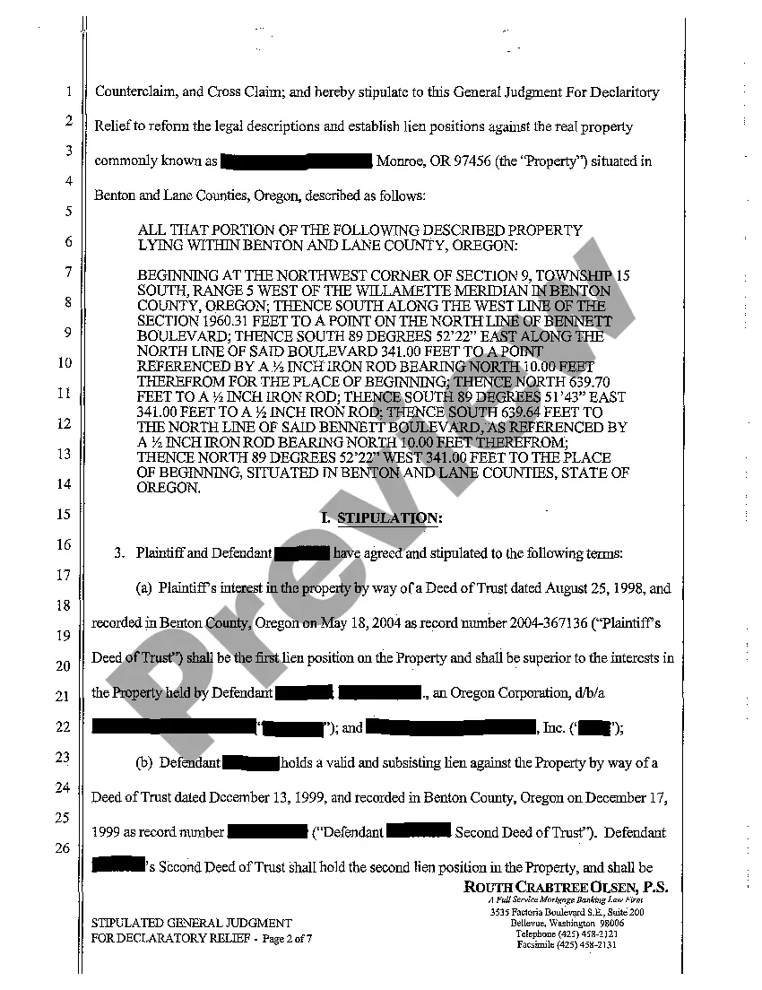 Preview A26 Stipulated General Judgment for Declaratory Relief to Reform Legal Description and Establish Lien Positions