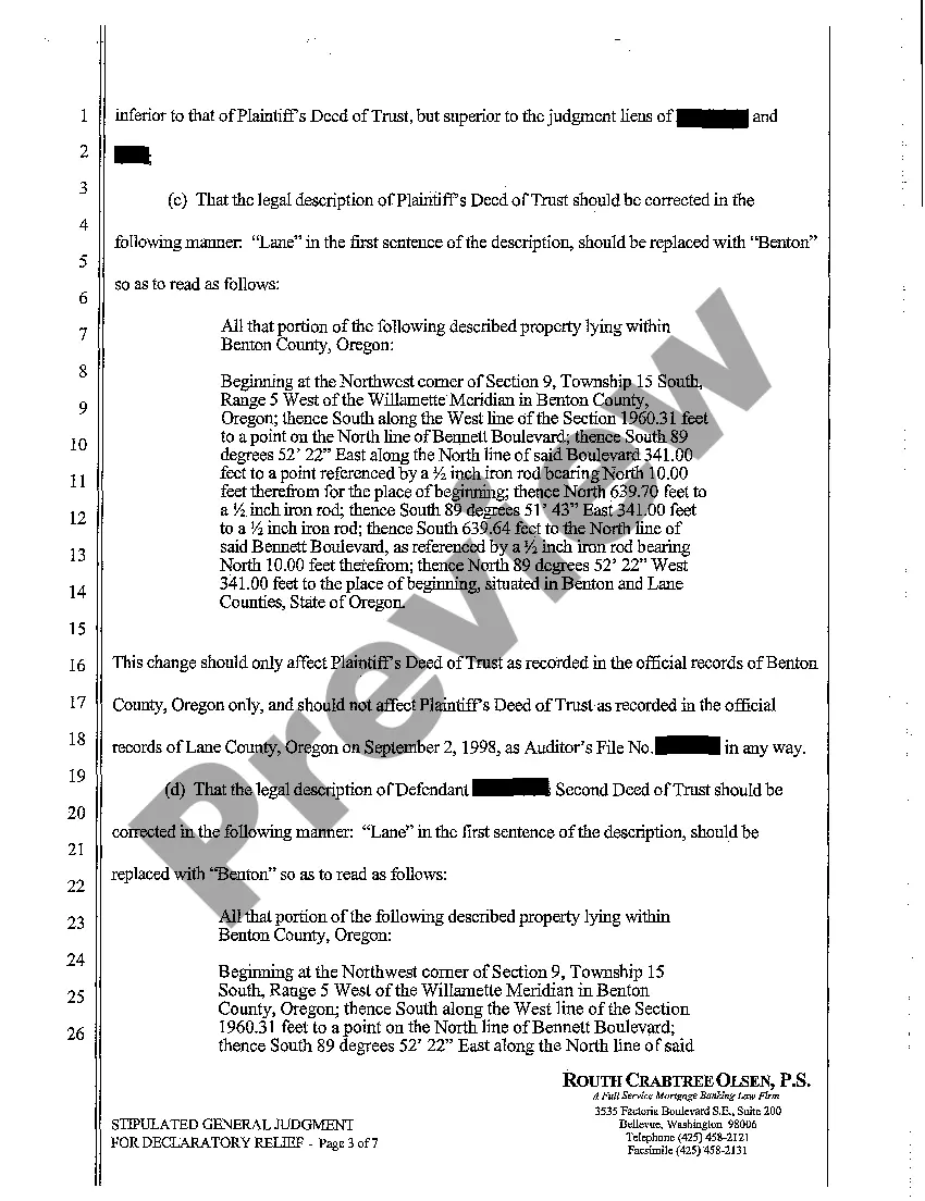 Preview A26 Stipulated General Judgment for Declaratory Relief to Reform Legal Description and Establish Lien Positions