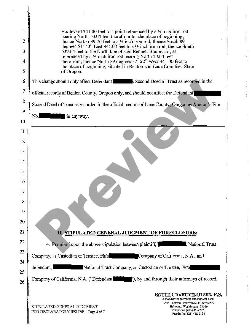 Preview A26 Stipulated General Judgment for Declaratory Relief to Reform Legal Description and Establish Lien Positions