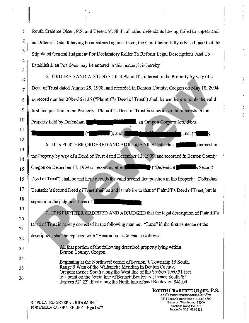 Preview A26 Stipulated General Judgment for Declaratory Relief to Reform Legal Description and Establish Lien Positions